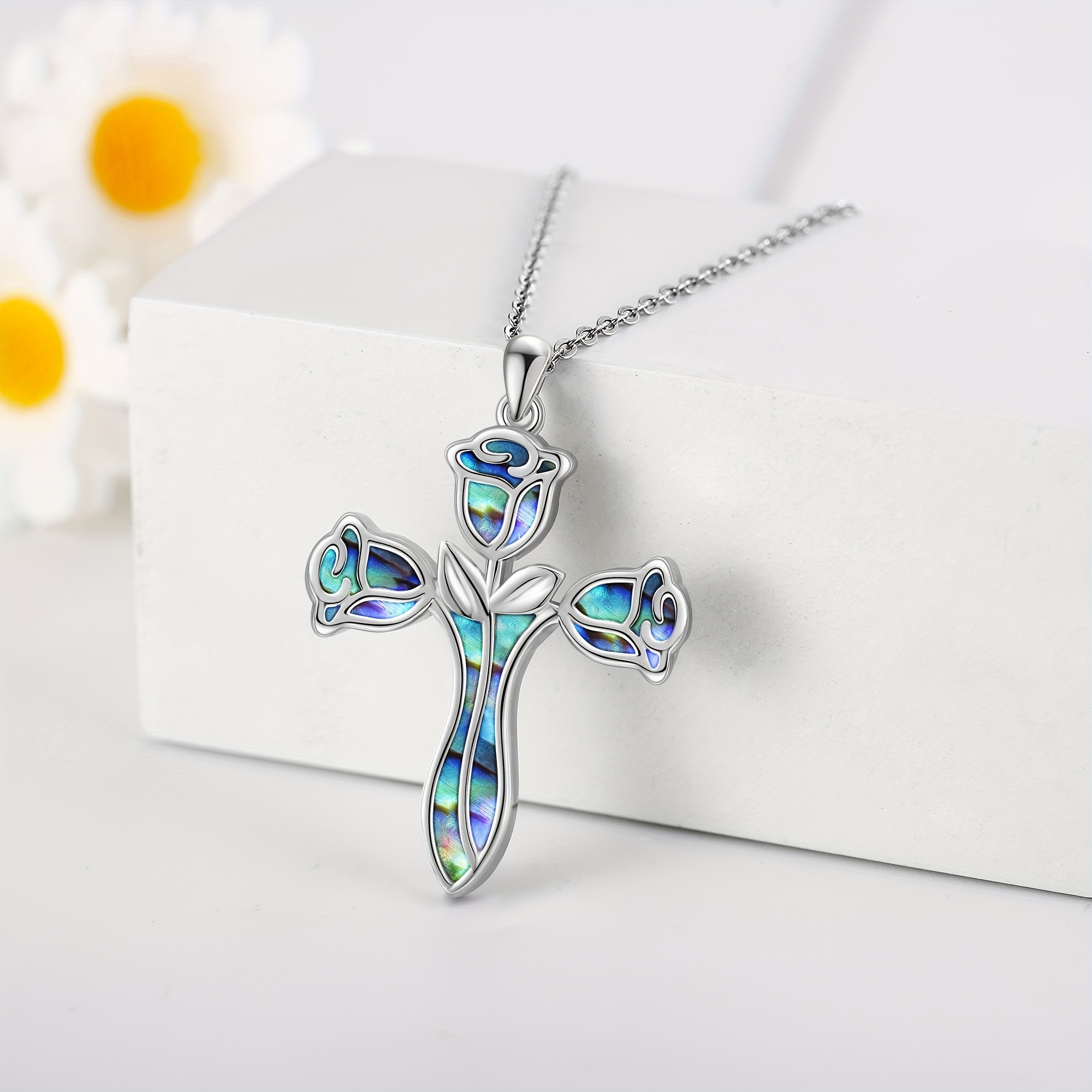 Women's Rose Cross Necklace with Abalone Shell Pendant